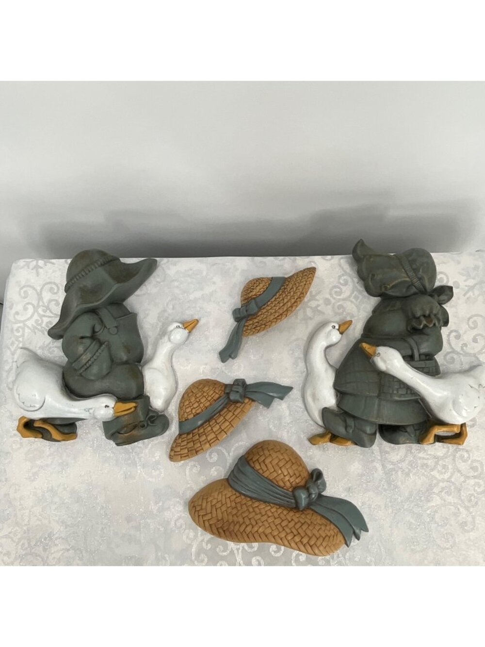 Burwood Boy Girl Wall Plaques Geese And Straw‎ Hats 1988 Country Farm